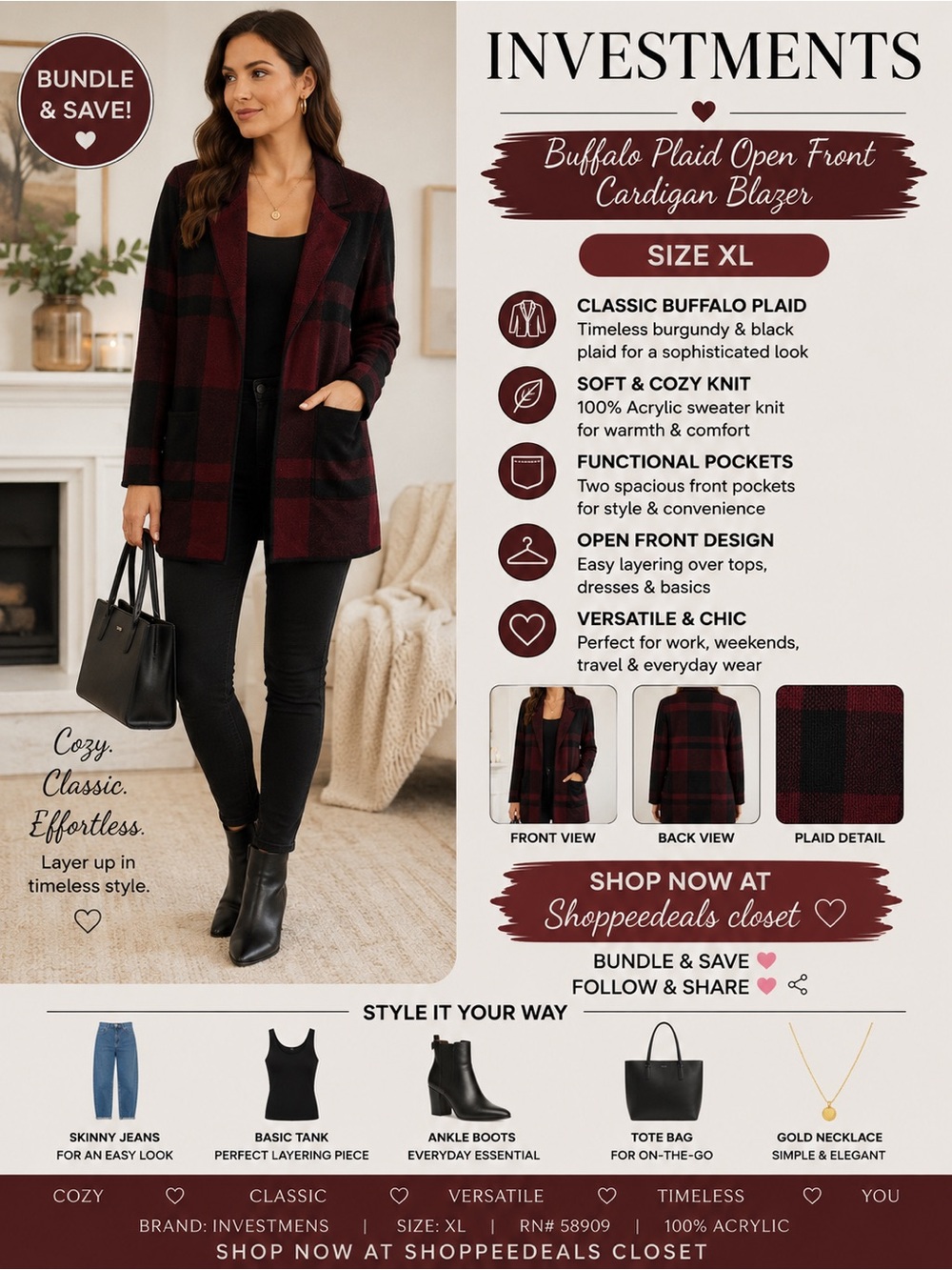 Investments Buffalo Plaid Open Front Cardigan Blazer